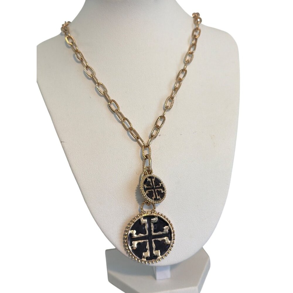 Gold Tone Chain Necklace Black Enamal Pendant Double Drop Adj 33" Long 34.1g
